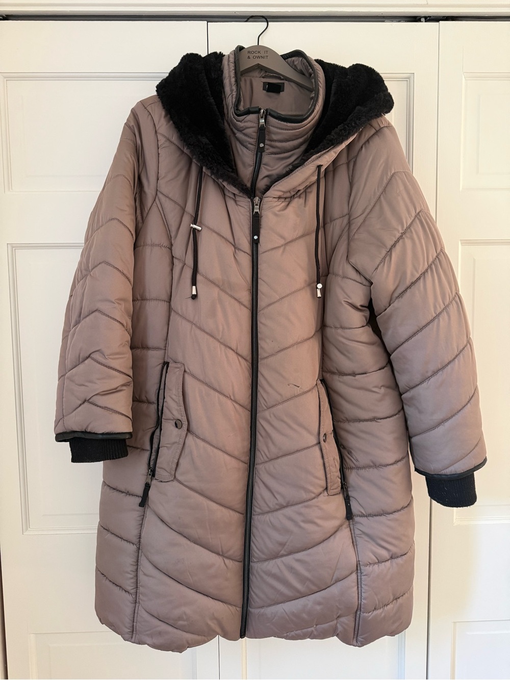 Avenue Taupe Hooded Quilted Puffer Coat with Black Faux Fur Trim